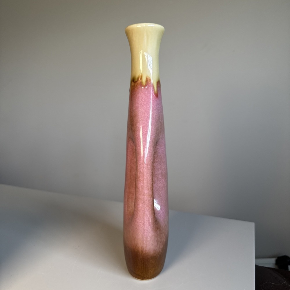Ceramic bud vase with handle Pink drip glaze 11.5" glossy pastel art calming - Picture 3 of 12